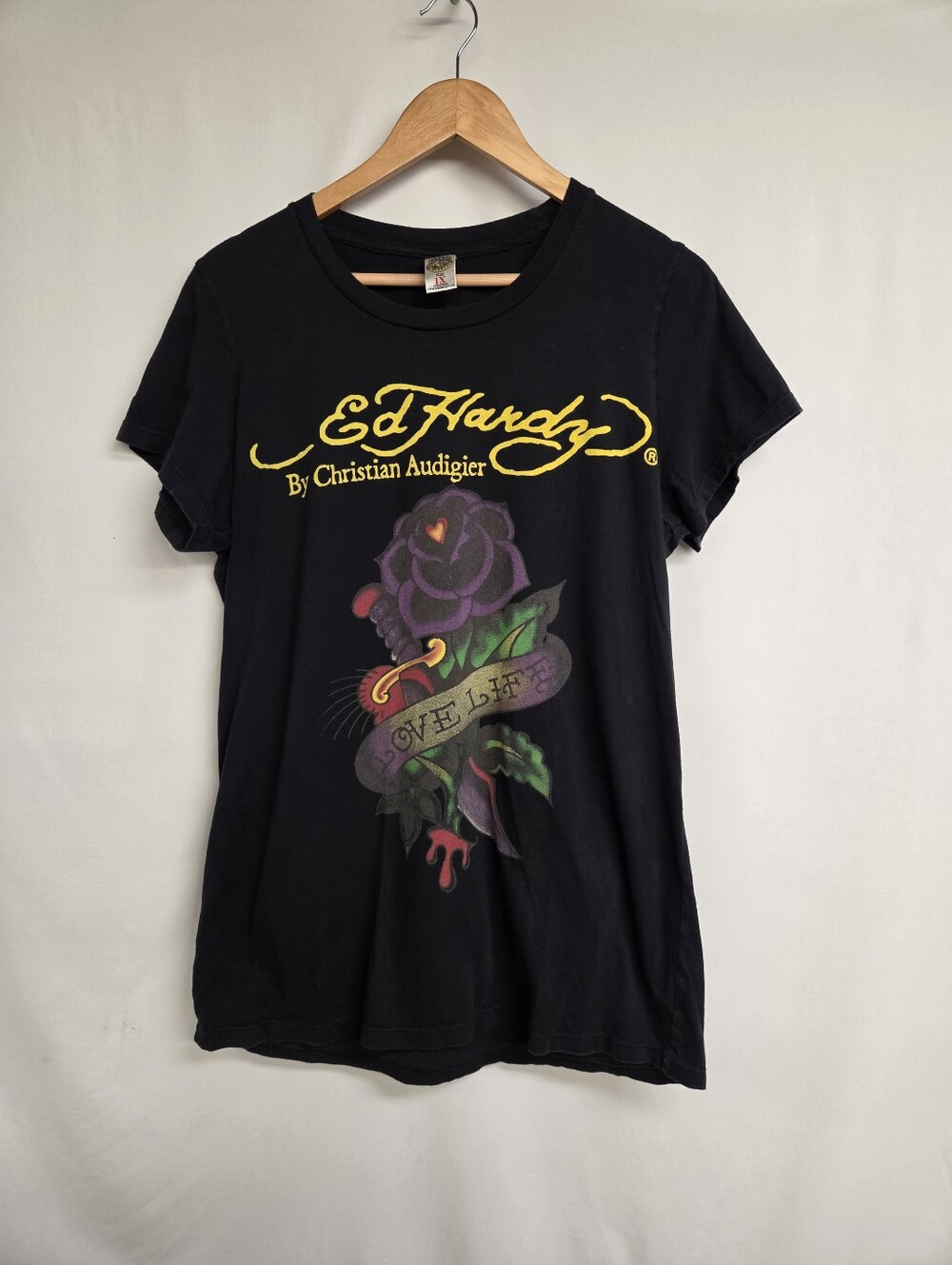 Ed Hardy by Christian Audigier T- Shirt Women's 1X Black Eternal Love Floral